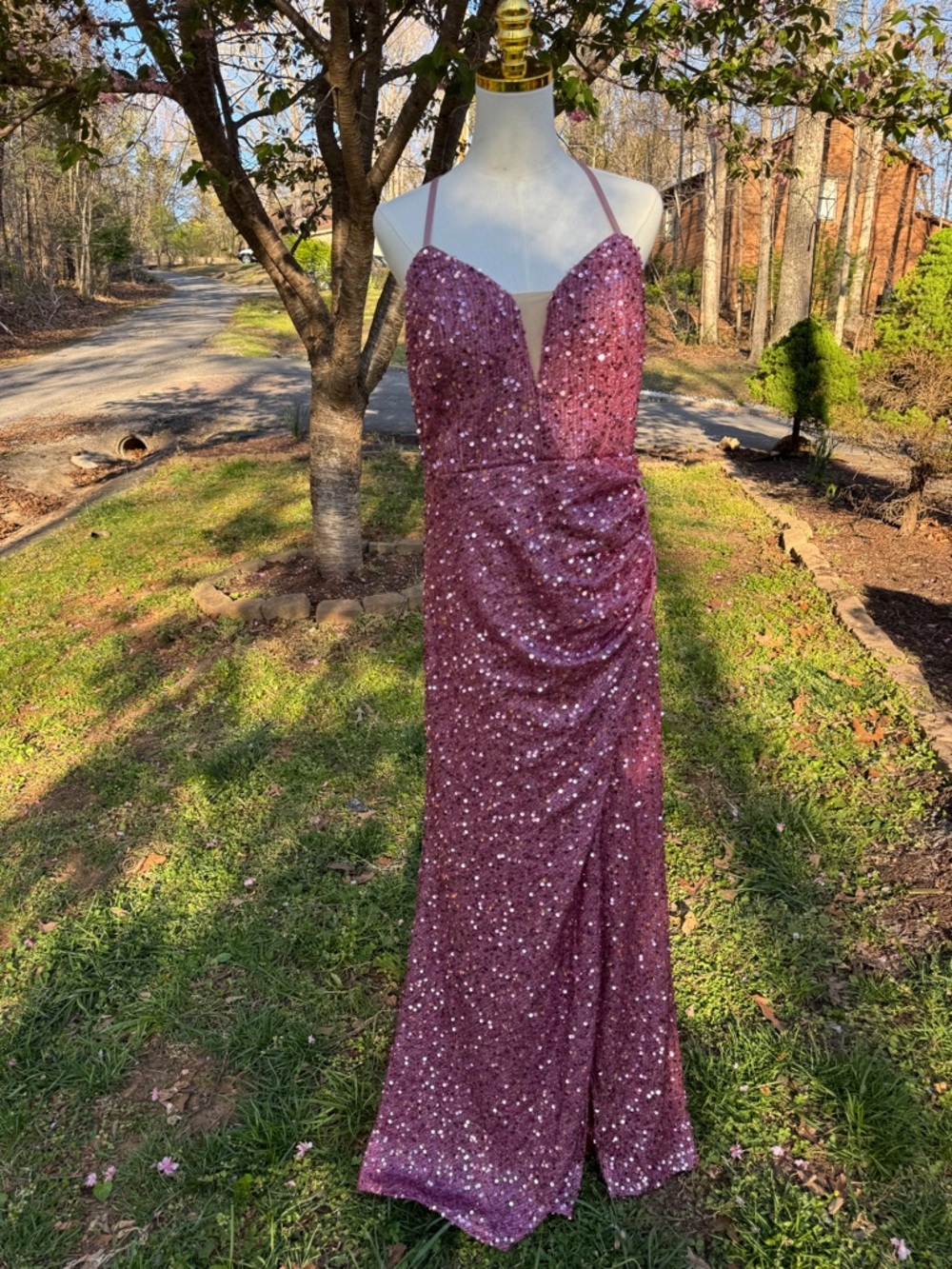 NWOT XL & XXL Plum Sequin Cruise Formal Evening Gown Stretch Slit Dress - Picture 4 of 8